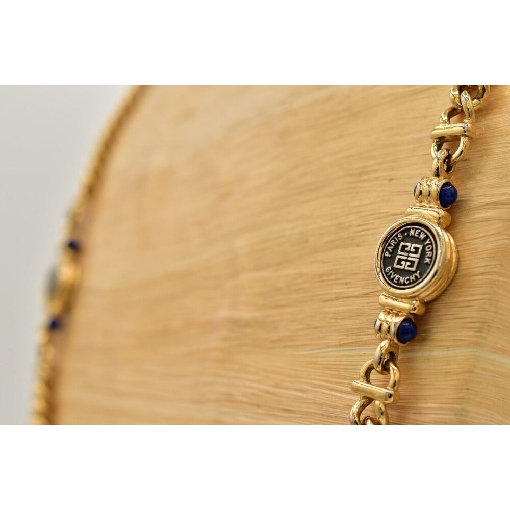 Givenchy Vintage Logo Coin Necklace Blue Cabochon Gold Station Chain 1980s BinBJ - Picture 9 of 12